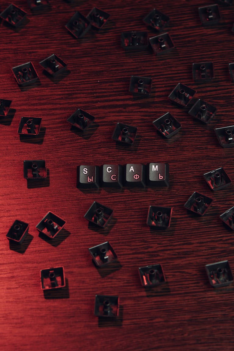 Close-up of scattered keyboard keycaps with 'SCAM' spelled out on a wooden surface.